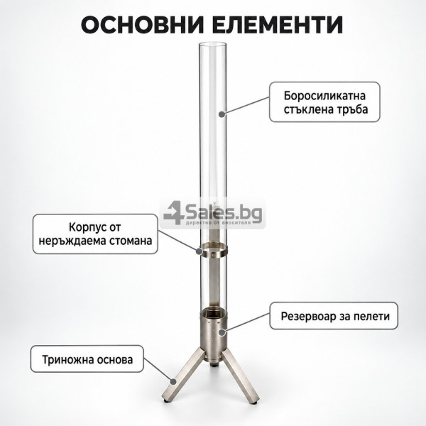 Пелетен градински отоплител 4 kW със стъклена тръба, непрекъснато горене до 75 минути 5