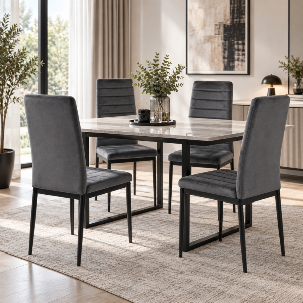 Трапезен стол с мека кадифена тапицерия, висока облегалка и стабилни черни крака за модерен интериор 2