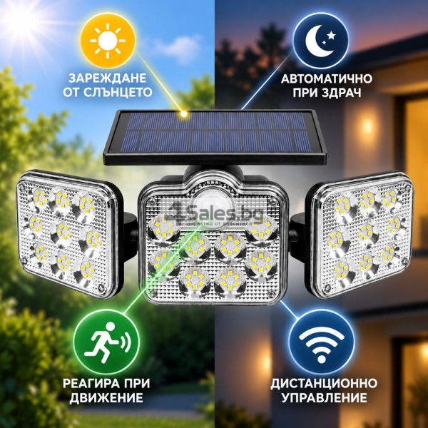 Соларна външна LED лампа с 3 глави, сензори и дистанционно 5