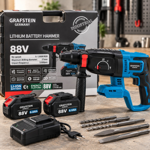 Акумулаторен Перфоратор GRAFSTEIN 88V, 2 Батерии 6.0Ah, Безчетков Мотор и Куфар