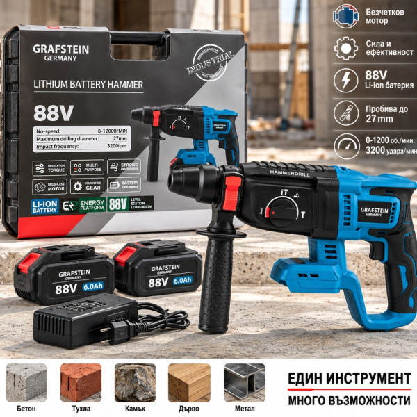 Акумулаторен Перфоратор GRAFSTEIN 88V, 2 Батерии 6.0Ah, Безчетков Мотор и Куфар 5