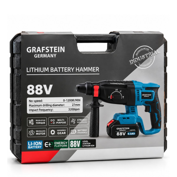 Акумулаторен Перфоратор GRAFSTEIN 88V, 2 Батерии 6.0Ah, Безчетков Мотор и Куфар