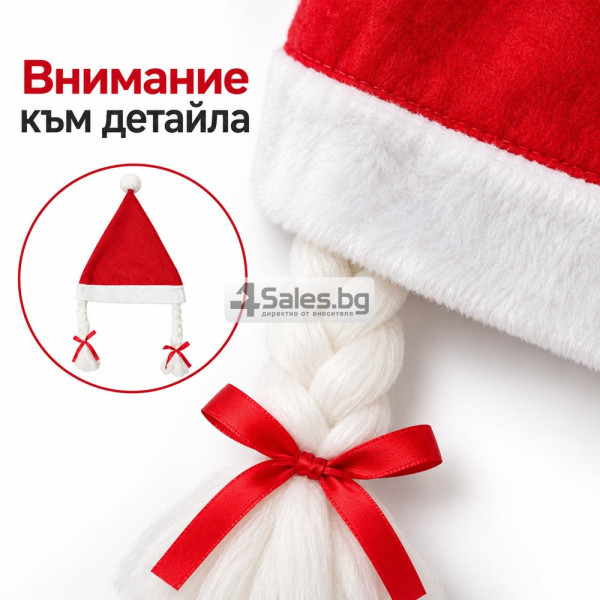 Коледна шапка с бели плитки и червени панделки 7