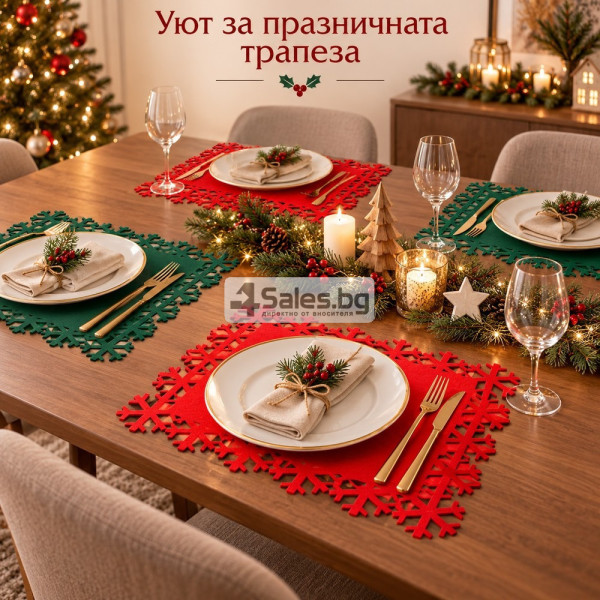 Комплект 12 коледни филцови подложки за маса със снежинки 4