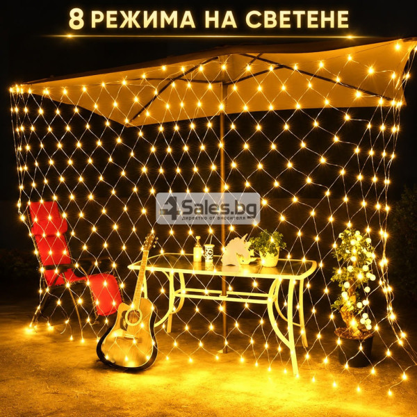 LED светлинна завеса 2 × 2 м с 144 светлини, топлa бяла светлина