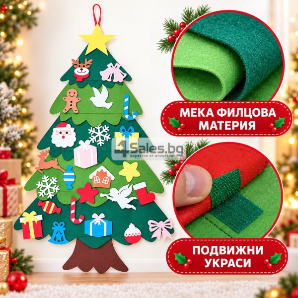 Филцова коледна елха за стена с подвижни украси 4