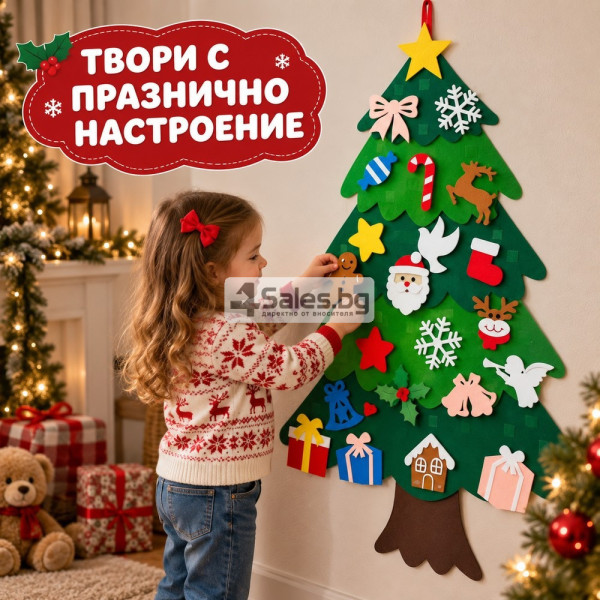 Филцова коледна елха за стена с подвижни украси 2
