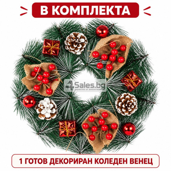 Декоративен коледен венец с червени плодове и шишарки, 30 см 4