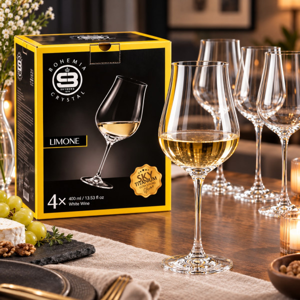 Комплект 4 чаши за бяло вино Bohemia Skyberg Crystal Limone – 400 мл, елегантен дизайн, висококачествено стъкло