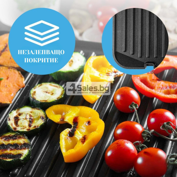 Електрически контактен сгрил XXL 2500 W с 5 програми, 3 степени на изпичане, незалепващи плочи и отваряне на 180°