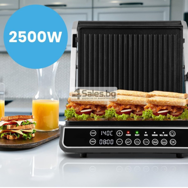 Електрически контактен сгрил XXL 2500 W с 5 програми, 3 степени на изпичане, незалепващи плочи и отваряне на 180° 2
