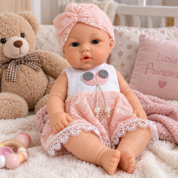 Говореща кукла бебе Baby Babble с реалистичен дизайн, розова дантелена рокличка и шапчица 5