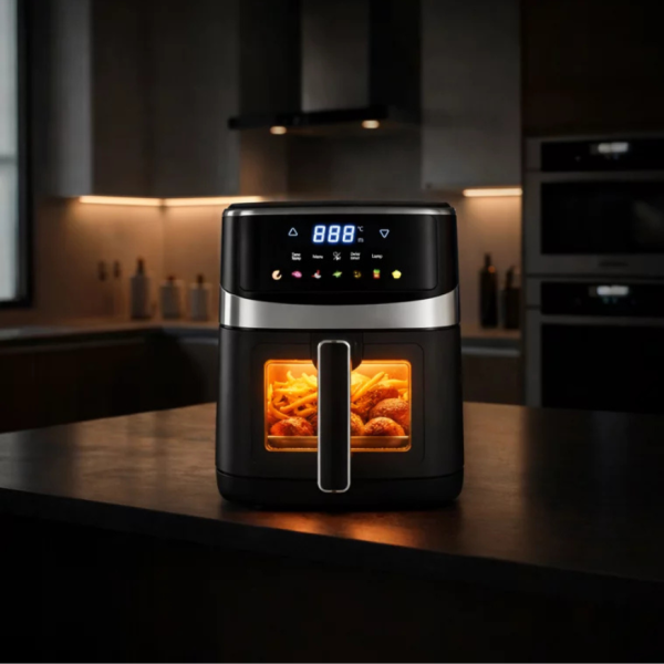 Фритюрник с горещ въздух 5L, 1500W, 8 програми, LCD дисплей, прозорец за наблюдение и вътрешно осветление