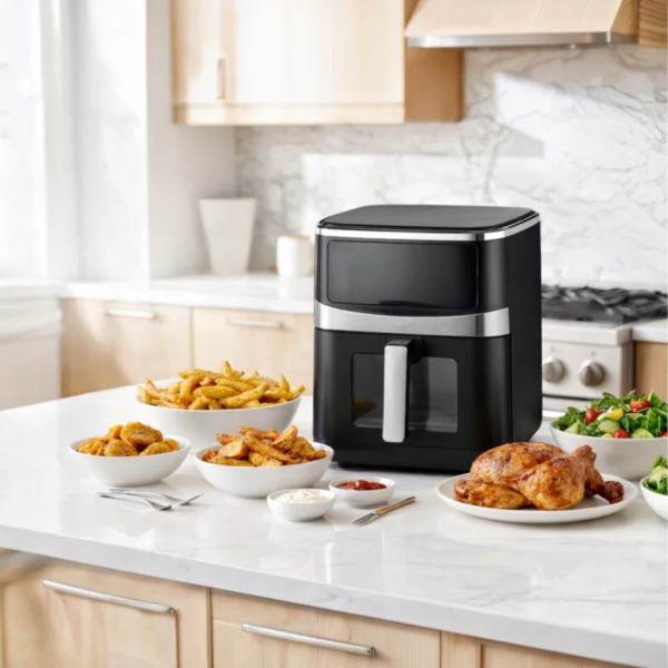 Фритюрник с горещ въздух 5L, 1500W, 8 програми, LCD дисплей, прозорец за наблюдение и вътрешно осветление