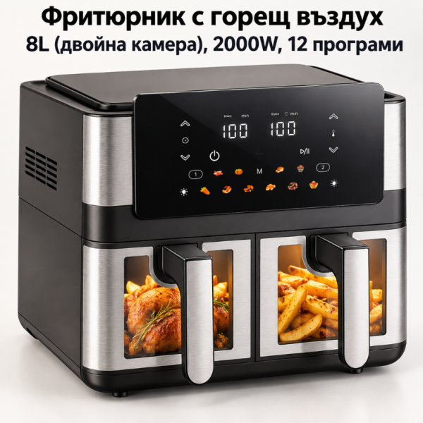 Фритюрник с горещ въздух 8L (2×4L), 2000W, 12 програми, двойна камера, LCD дисплей и прозорци с осветление 1