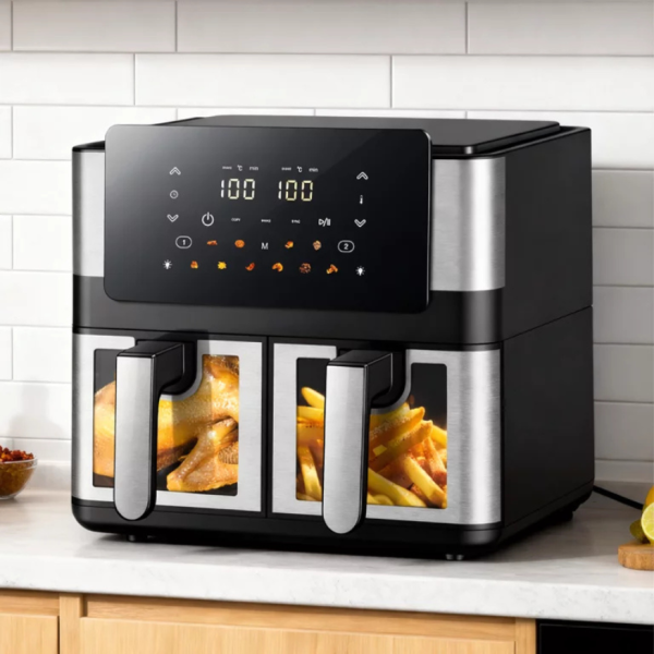 Фритюрник с горещ въздух 8L (2×4L), 2000W, 12 програми, двойна камера, LCD дисплей и прозорци с осветление 4