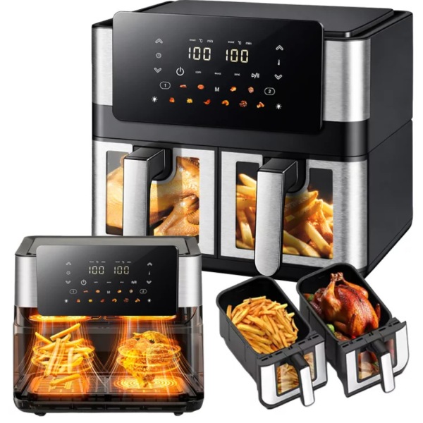 Фритюрник с горещ въздух 8L (2×4L), 2000W, 12 програми, двойна камера, LCD дисплей и прозорци с осветление