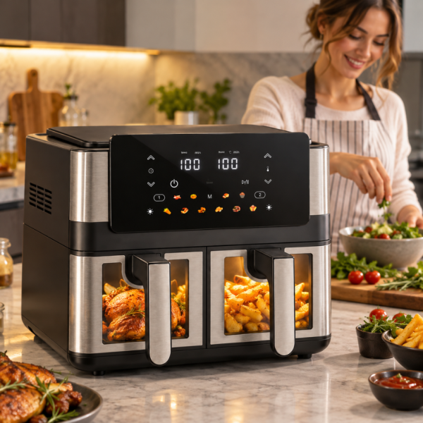 Фритюрник с горещ въздух 8L (2×4L), 2000W, 12 програми, двойна камера, LCD дисплей и прозорци с осветление