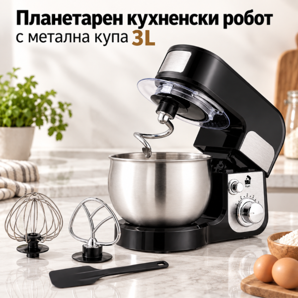 Планетарен кухненски робот с метална купа 3L, 700W, 6 скорости, 3 приставки и защита от пръски