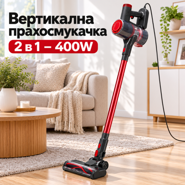 Вертикална прахосмукачка 2 в 1 – 400W, мощно засмукване над 13 kPa, LED осветление, HEPA филтър и контейнер 0,8 л 1