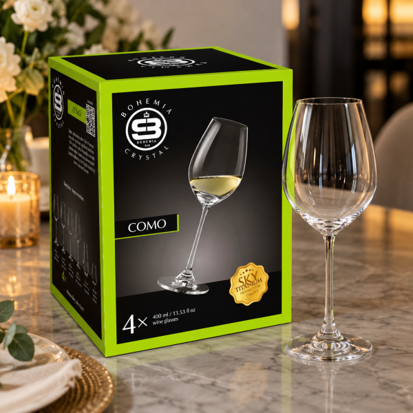 Комплект 4 кристални чаши за бяло вино Bohemia Crystal COMO, 400 мл – елегантни чаши на столче