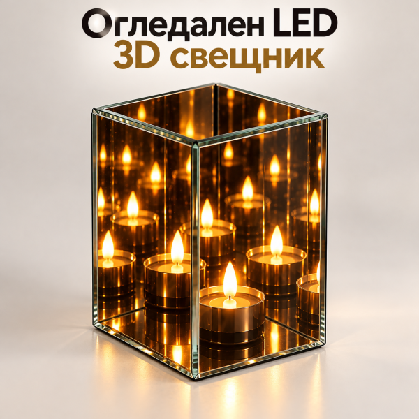 Oгледален LED 3D свещник с ефект „Безкраен пламък“ – магическа светлина и уют за дома, 10×10×15 см 1