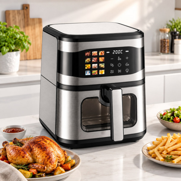 Фритюрник с горещ въздух 8L, 1700W с 12 програми, LCD тъч дисплей и прозорец за наблюдение – вкусни ястия с по-малко мазнина