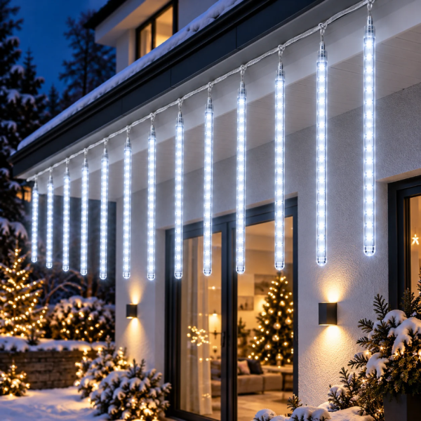 коледна LED украса „Падащи метеори“ с 10 светещи тръби, 480 LED диода, 6 м, студена бяла светлина – ефект на падащ сняг