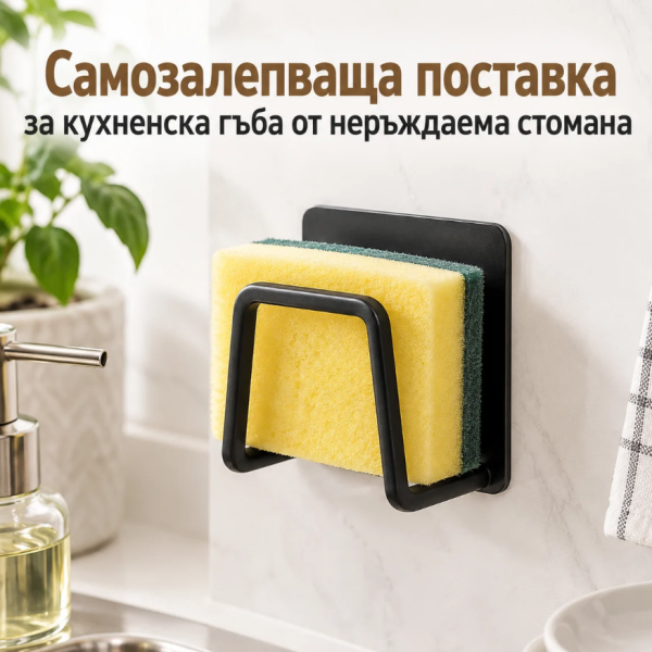 Самозалепваща поставка за кухненска гъба от неръждаема стомана – черна, без пробиване, 5×6×8 см 1