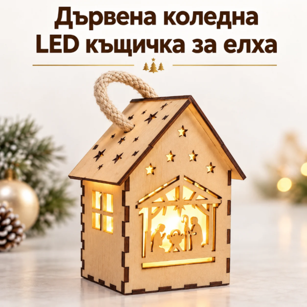 Дървена коледна LED къщичка за елха със светеща декорация, 16×10×7,5 см