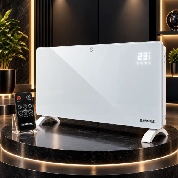 Електрически стъклен конвектор 2500W с WiFi управление, дистанционно, LED дисплей и термостат