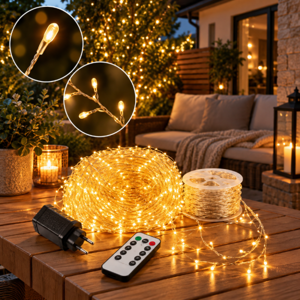 Коледни LED лампички 32 м с 1000 LED, топла бяла светлина, 8 режима на светене и дистанционно управление 3