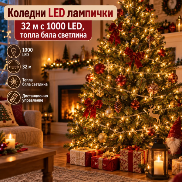 Коледни LED лампички 32 м с 1000 LED, топла бяла светлина, 8 режима на светене и дистанционно управление