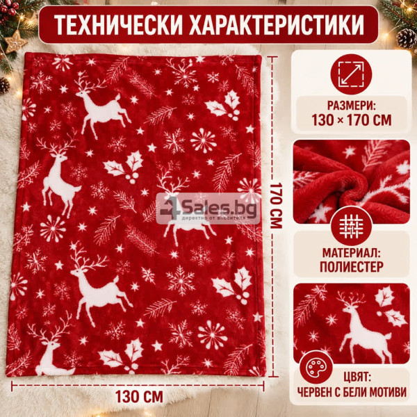 Коледно поларено одеяло 130×170 см – Меко, топло и уютно с празнични еленчета и снежинки