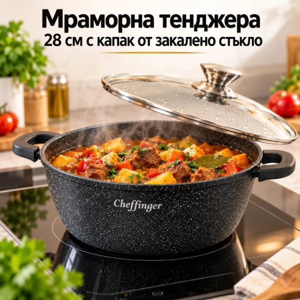 Мраморна тенджера 28 см с капак от закалено стъкло – трислойно незалепващо покритие