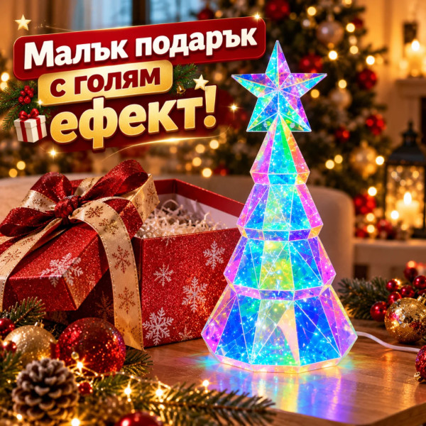 Холографска LED коледна елха 38 см с многоцветни светлини и USB захранване 4