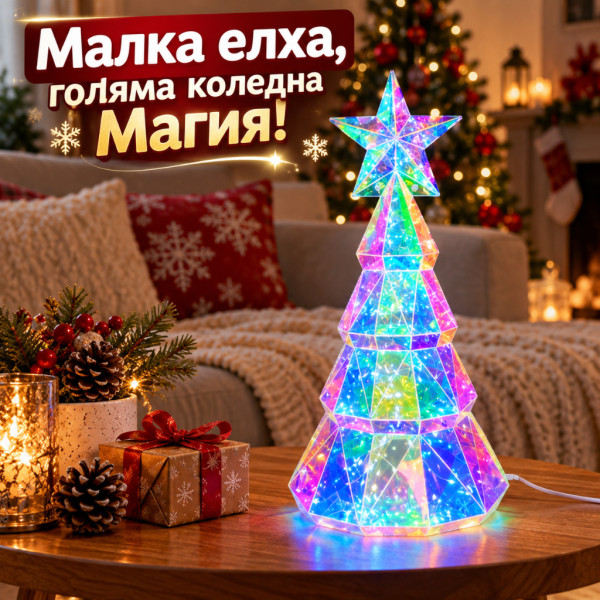 Холографска LED коледна елха 38 см с многоцветни светлини и USB захранване