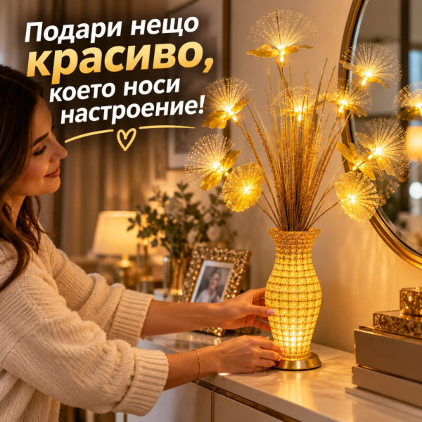 Декоративна LED ваза със светещи цветя тип глухарче – 75 см, златист цвят, топла бяла светлина 2