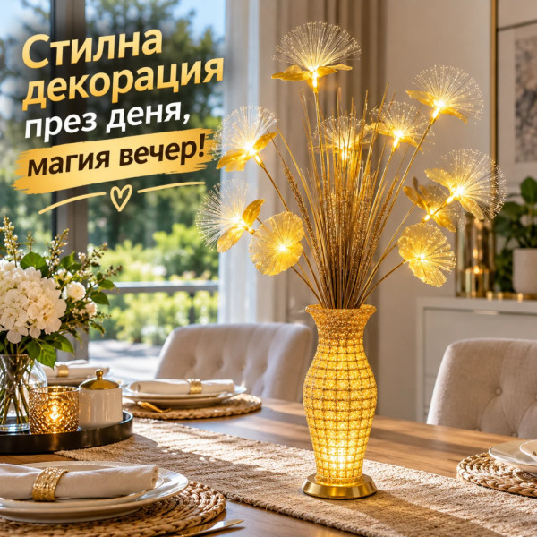 Декоративна LED ваза със светещи цветя тип глухарче – 75 см, златист цвят, топла бяла светлина 3