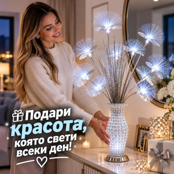 Декоративна LED ваза със светещи цветя тип глухарче – 75 см, сребрист цвят, студена бяла светлина
