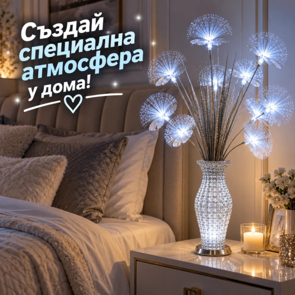 Декоративна LED ваза със светещи цветя тип глухарче – 75 см, сребрист цвят, студена бяла светлина 3