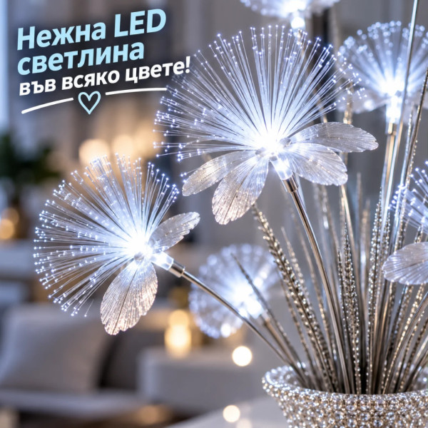 Декоративна LED ваза със светещи цветя тип глухарче – 75 см, сребрист цвят, студена бяла светлина 5