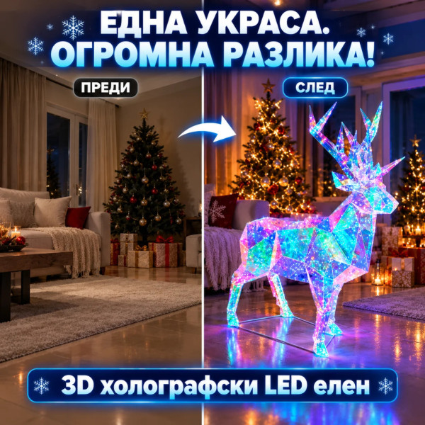 3D холографски LED елен с многоцветно сияние – ефектна коледна декорация 2