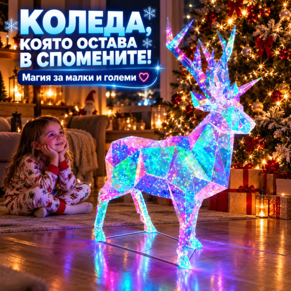 3D холографски LED елен с многоцветно сияние – ефектна коледна декорация 3