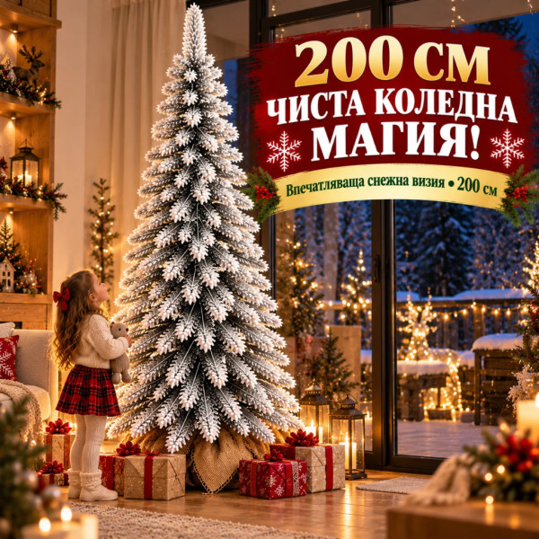 Заснежено коледно дръвче 200 см – Гъсти снежни клонки, елегантна форма и основа от зебло 2