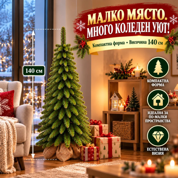 Коледна елха PE MIX 140 см – Реалистични зелени клонки, компактна форма и естествена визия