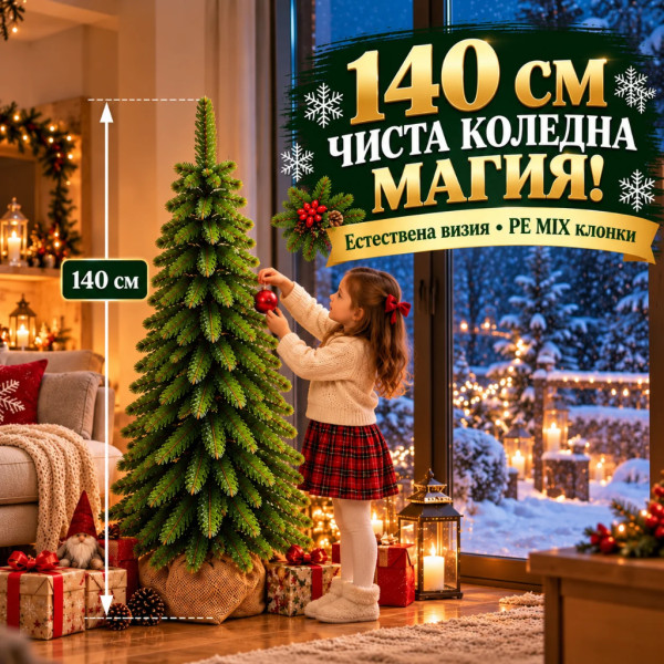 Коледна елха PE MIX 140 см – Реалистични зелени клонки, компактна форма и естествена визия