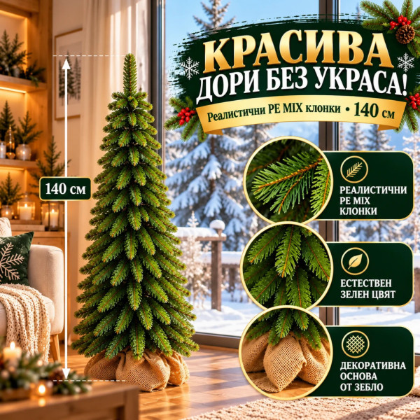 Коледна елха PE MIX 140 см – Реалистични зелени клонки, компактна форма и естествена визия