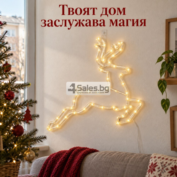 Светещ коледен елен с 43 LED лампички – топла бяла светлина, 40 х 46 см, на батерии, за уютна коледна атмосфера