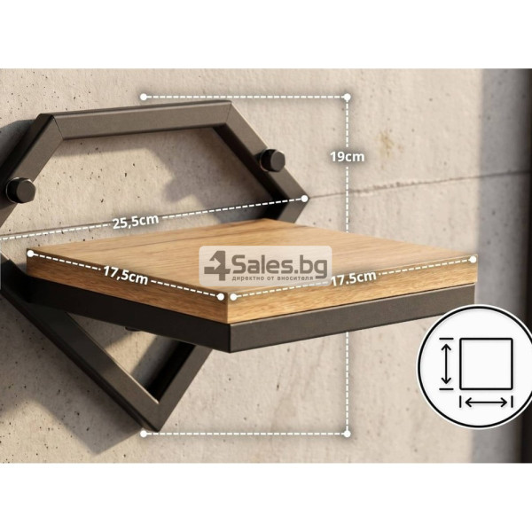 Стенна метална стойка за цветя с рафт в цвят дъб – до 10 кг